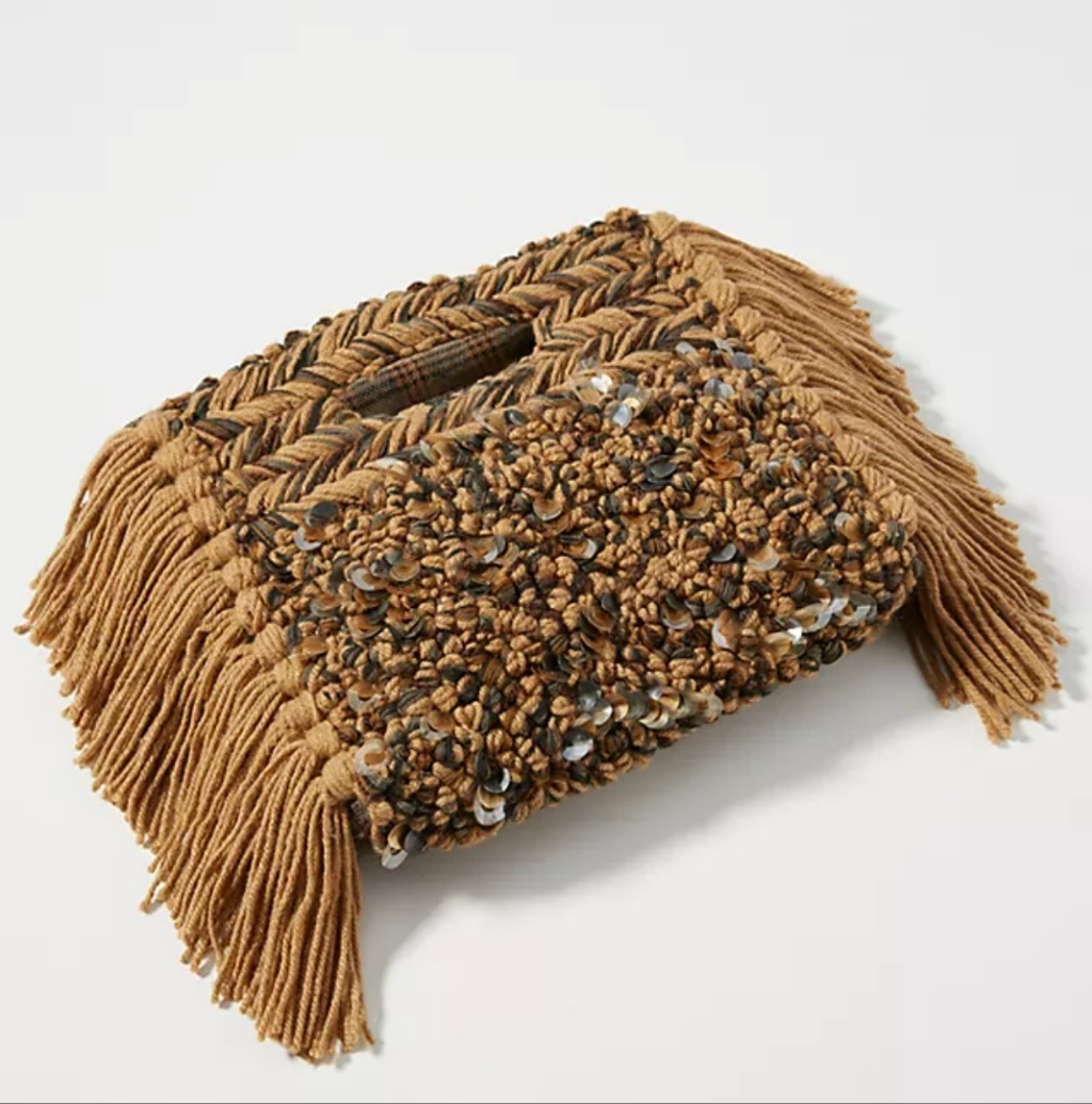 Woven Fringe Sequin Clutch - Brown